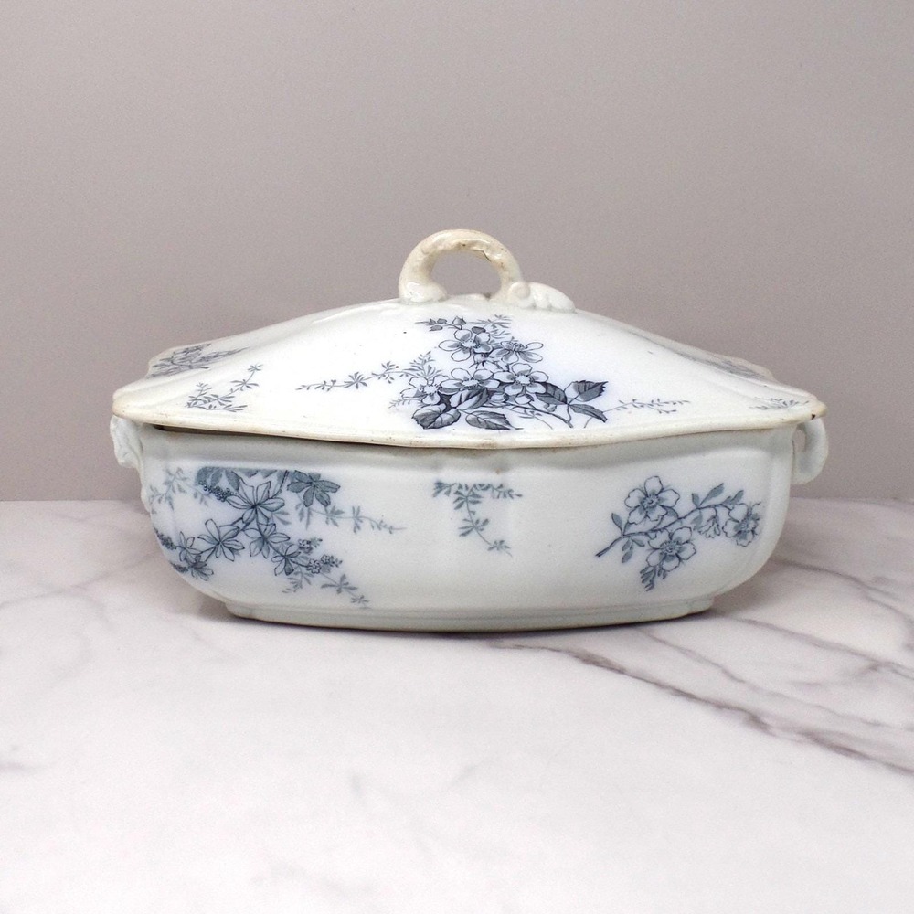 Antique Alfred Meakin Ironstone Transferware Covered Vegetable Dish, Blossom